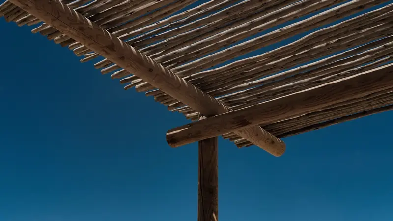 Pergola en bois couverte de perches fines, vue d'en dessous sur un ciel bleu sans nuage